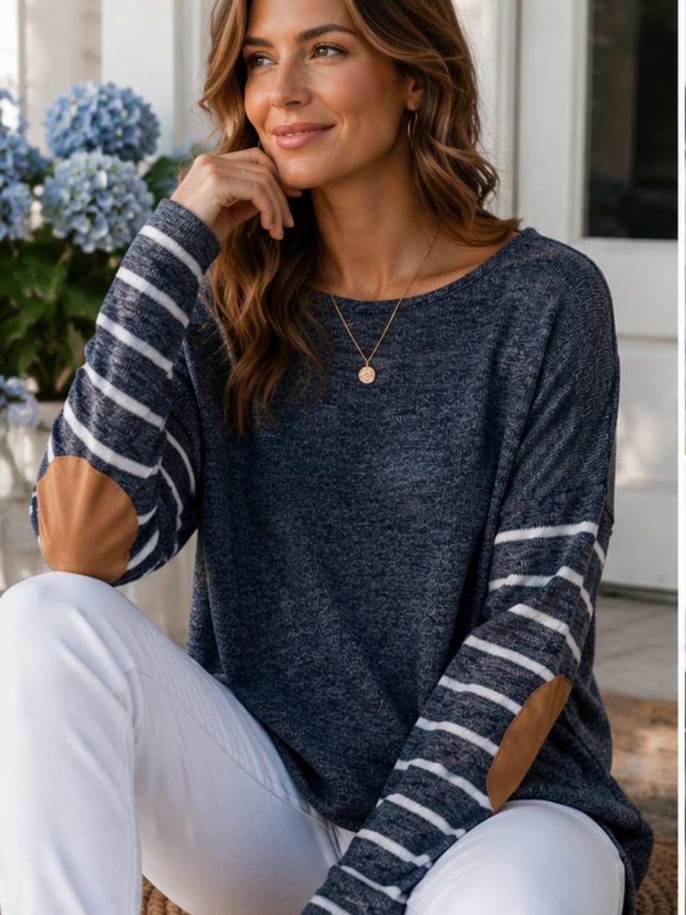 EM Coastal Nautical Sweater Marled Strip Faux Suede Elbow Patch Cottage Size M